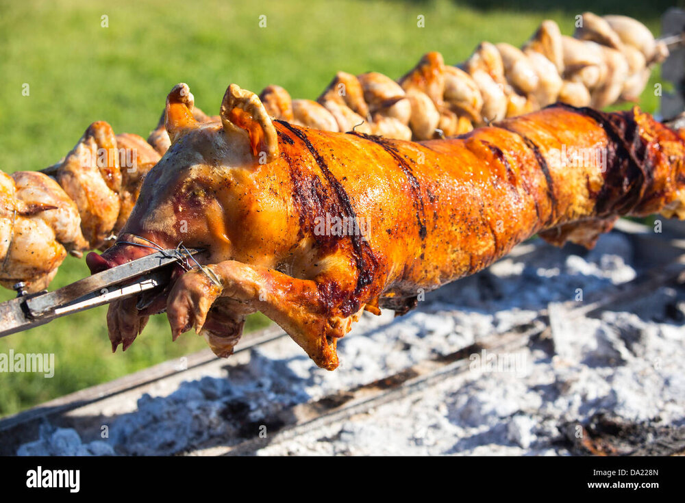 a-hog-roast-and-chickens-roasting-over-a-charcoal-barbeque-DA228N.jpg